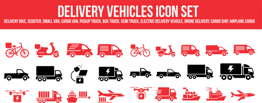 Delivery vehicles icon set with various transportation modes