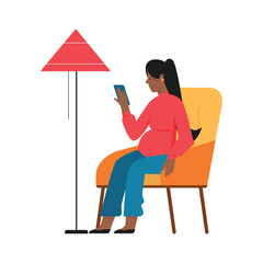 Pregnant woman sitting in living room chair with mobile phone in hand vector illustration