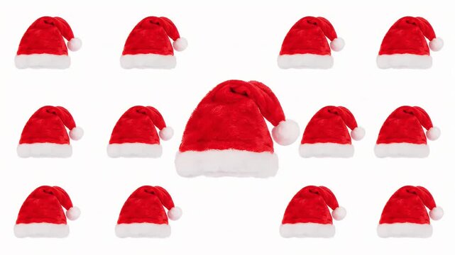 Animated Seamless Pattern of Santa Hats on White Background for Christmas Holiday Festive Celebrations and Decorations