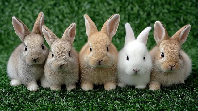 A row of five adorable baby rabbits sitting on artificial green grass