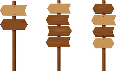Wooden direction signposts illustration set featuring blank arrows for navigation, choices, travel, and decision making concepts in flat vector style © Kharshad Creative