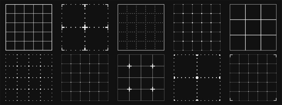Blueprint black graph seamless pattern collection. Repeating square grids on paper. Notebook textures for technical drawing and infographic design.
