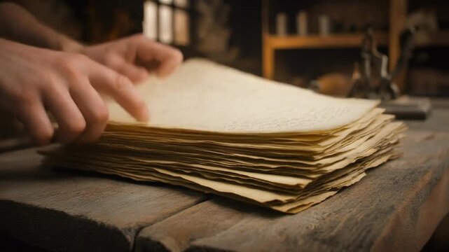 Hands Handling Old Stack of Papers on Wooden Desk.