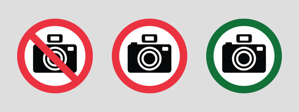 Warning Sign No Photos No Phone or Camera Icons, vector illustration of camera and phone prohibition, no photo allowed, restricted photography, red and green round symbols.