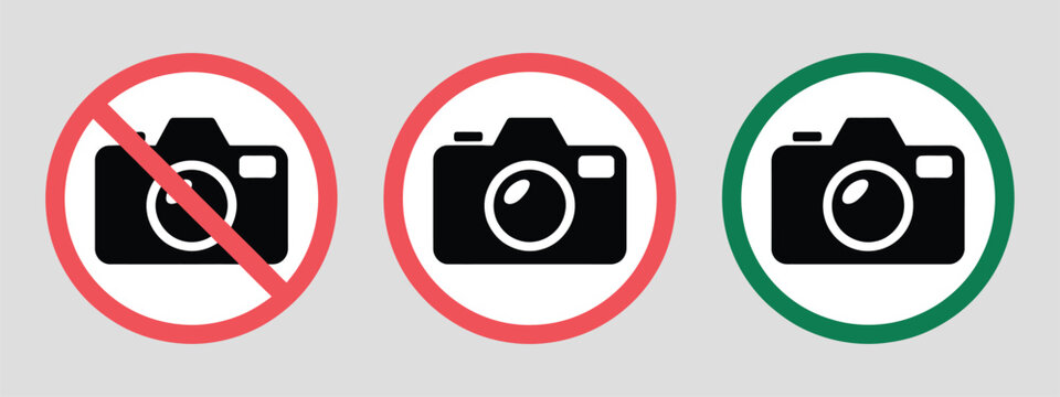Warning Sign No Photos No Phone or Camera Icons, vector illustration of camera and phone prohibition, no photo allowed, restricted photography, red and green round symbols.