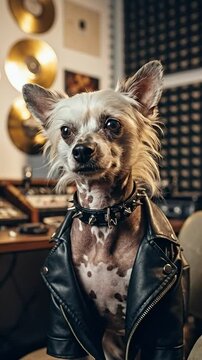 A small Chinese Crested dog wearing a black leather jacket and spiked collar sits in a professional music recording studio with gold records and soundproofing.