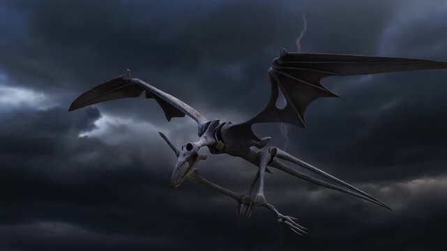 Pterodactyl Flying Through Stormy Weather with Lightning.