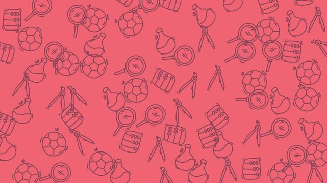 Chaotic pattern of drums, soccer balls, and flasks. Suitable for music, sports, and sciencethemed designs, posters, and promotions.