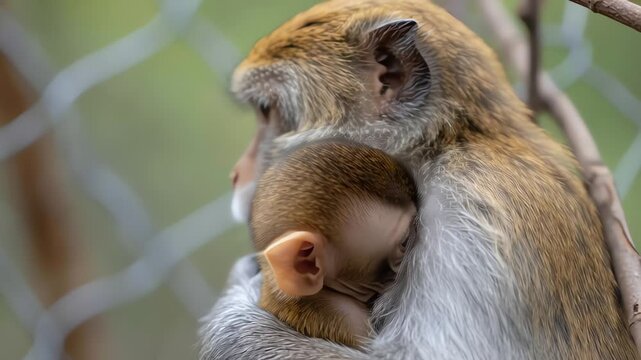 Tender moment Macaque mother holding and protecting her baby monkey