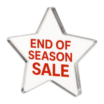 Transparent star sticker featuring END OF SEASON SALE in bold red lettering, effective retail discount promo on transparent background.