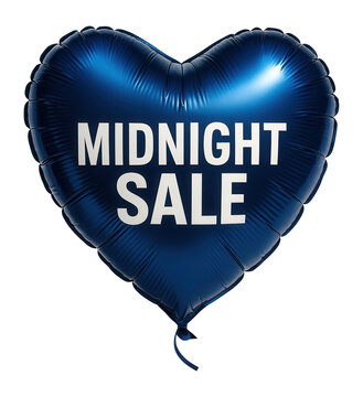 Glossy navy heart-shaped balloon with MIDNIGHT SALE promotional text, enticing retail discount offer on transparent background.
