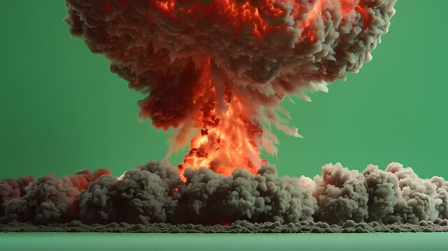 Atomic bomb blast explosion vfx with fire smoke and mushroom cloud on green screen