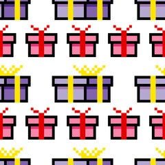 Seamless pattern with 8 bit pixel art gift box