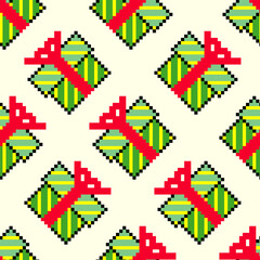 Seamless pattern with gift box pixel art
