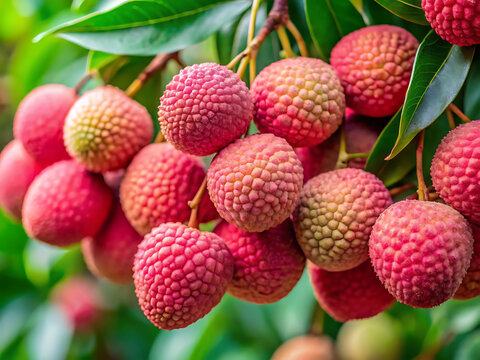 Close-up of ripe red lychee fruits hanging from a tree branch, with lush green leaves and a soft bokeh background, evoking freshness and nature.