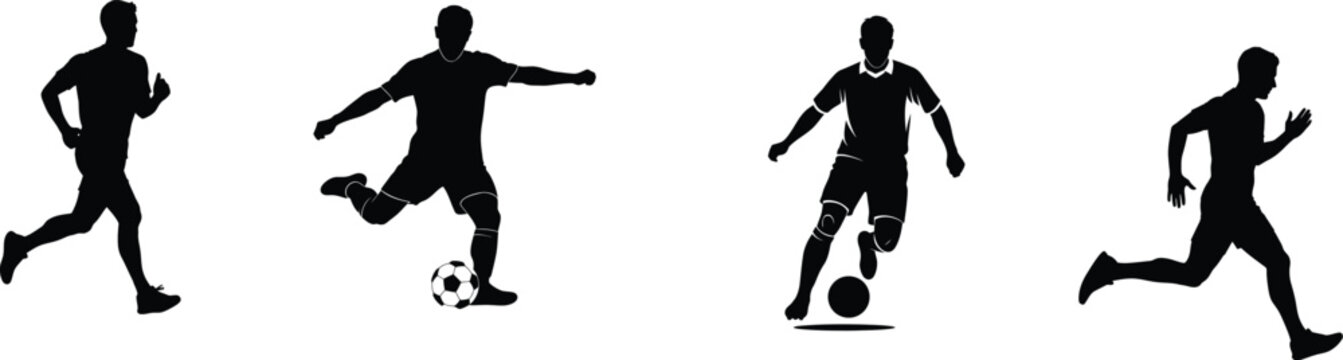 Silhouette of four soccer players in various poses on a white background
