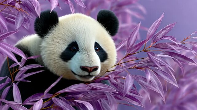 A panda, with black and white fur, peers from behind purple bamboo leaves, soft focus background