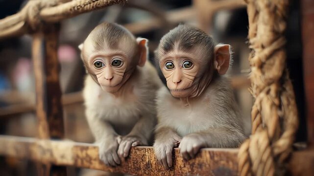 Adorable Baby Monkeys Sitting Together Looking Curious