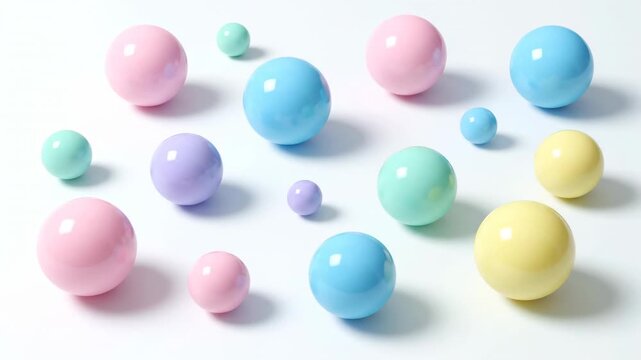 A high-angle view showcases a collection of colorful, glossy spheres scattered on a bright white surface. Various sizes create visual interest