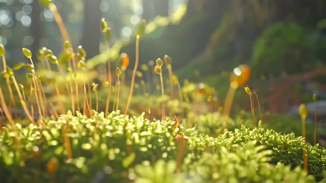 Sunlight streams through the forest, illuminating the vibrant green moss and delicate sprouts growing on the forest
