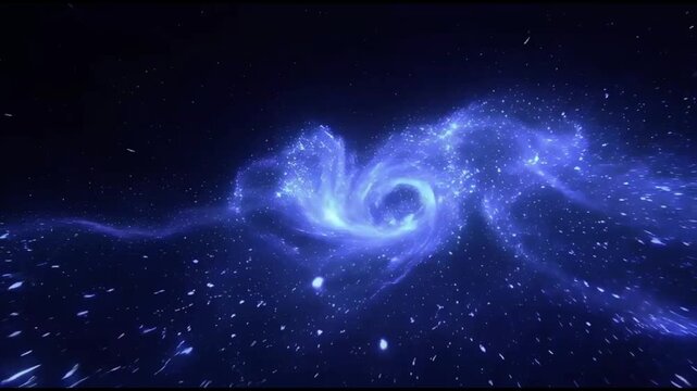 Stunning blue cosmic vortex swirling through a starry nebula space background with sparkling dust and galactic energy for science fiction visuals