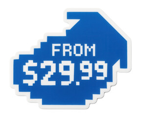 Obraz premium Blue pixelated tag sticker with FROM $29.99 price offer, appealing retail discount promo on transparent background.
