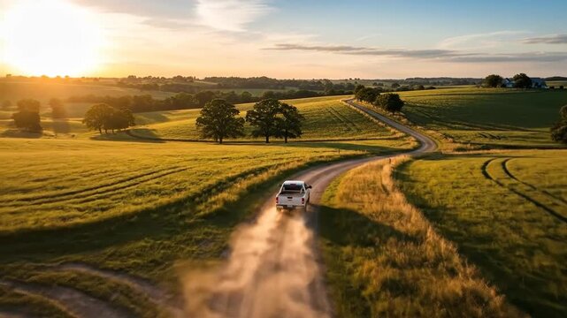 Aerial view shows a white pickup truck driving down a dirt road through a rural landscape at sunset.