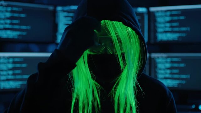 A hooded figure with glowing green hair and safety glasses faces the camera, code on screens behind