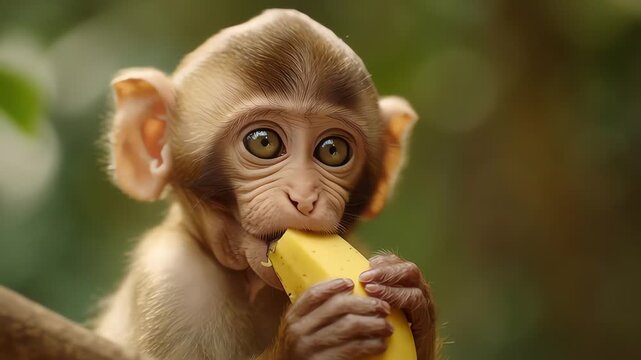 Cute Baby Monkey Eating Banana Outdoors