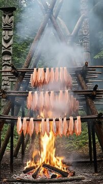 Traditional salmon smoking process over an open wood fire on a wooden rack in a misty forest with totem poles in the background, indigenous culinary heritage.