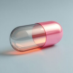 Transparent capsule with pink end on gray background