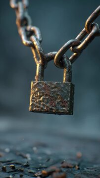 Rusted metal padlock and chain hanging over debris