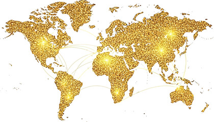 Global business concept illustrated by a sparkling golden world map graphic with interconnected glowing points representing international connections and opportunities set © Zohaib