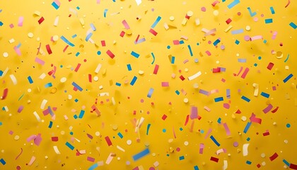 A vibrant yellow background scattered with colorful confetti pieces in various shapes and sizes, creating a festive atmosphere.