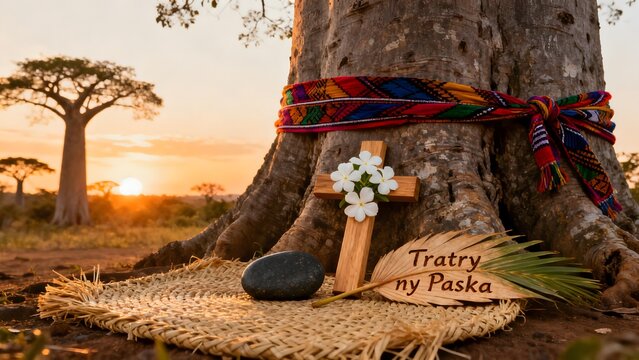 A baobab tree with lambda fabric, a wooden cross with periwinkles at sunset. Malagasy text on a palm leaf.