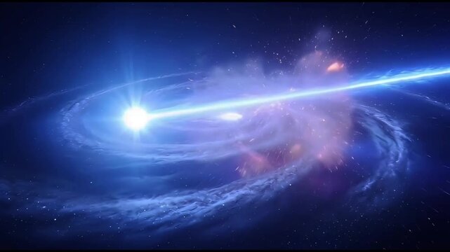 Stunning cosmic event shows a bright quasar blasting powerful jets through swirling galactic dust clouds in deep space nebula universe