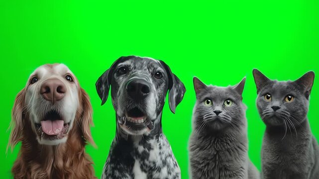 Group Portrait of Happy Dogs and Two Gray Cats on Green Screen