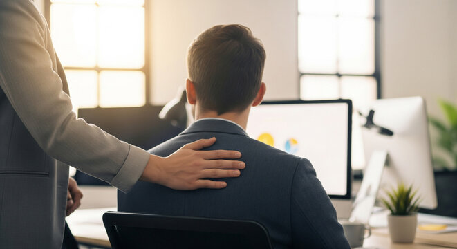 Manager supporting employee with hand on shoulder in modern bright office workspace
