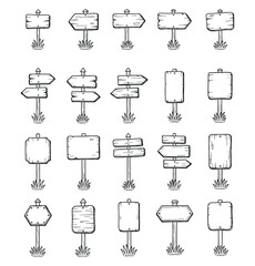 Wooden signpost icons set, direction arrow boards and wayfinding signs vector illustration on transparent background © gerik_a