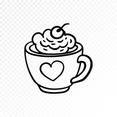 Hand drawn coffee cup with heart symbol, cozy romantic drink illustration for valentines day, warm love concept in minimal black line art isolated on transparent background. Vector illustration
