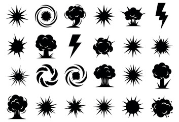 Explosion icons vector set, blast and impact energy symbols, solid black collection on transparent background © gerik_a