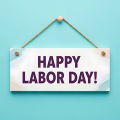 A white sign displaying happy labor day hangs against a teal background