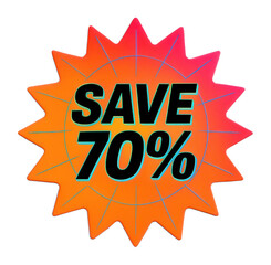 Naklejka premium Vibrant starburst sticker with SAVE 70% discount in bold font, striking retail promo offer on transparent background.