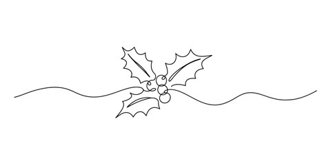 Simple black and white line drawing of a holly sprig with leaves and berries on a wavy line Vector, illustration © Badhon_Designer