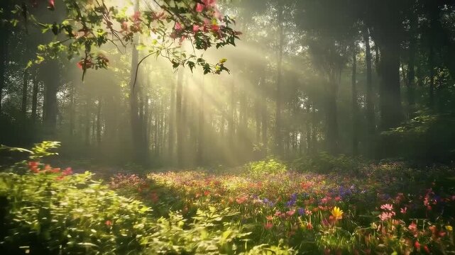 A serene forest video with sunlight filtering through trees, low-angle view of wildflowers. Live desktop wallpaper.
