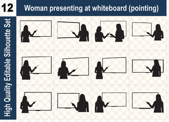 Silhouette set of a professional woman presenting at a whiteboard and pointing to data, ideal for business training, education, and office meetings.