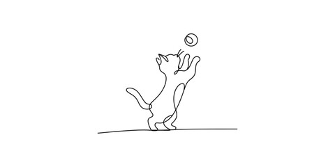 Minimalist continuous line drawing of a playful cat jumping up to catch a small ball Vector, illustration