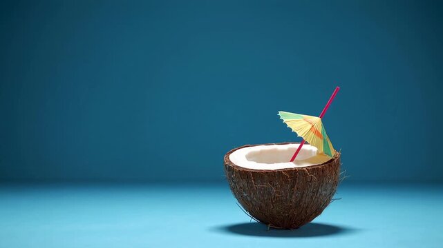 Coconut cocktail featuring decorative umbrella and drinking straw, resting against bright turquoise backdrop, conveying refreshing summer relaxation and tropical leisure mood