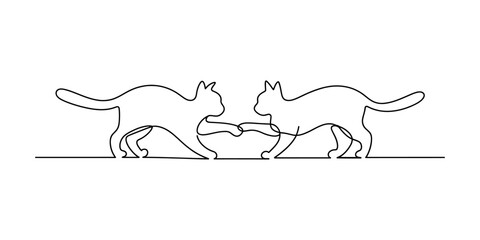 Minimalist continuous line drawing of two cats reaching out to touch paws together Vector, illustration