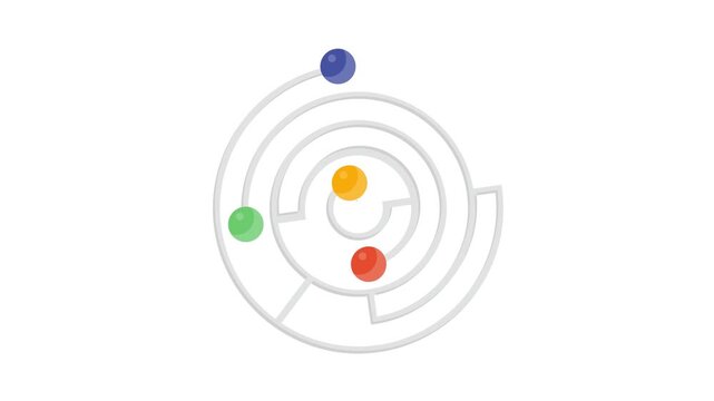 A circular maze with four distinct colored balls scattered throughout its design.